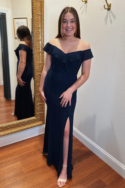 flowy evening dressDark Navy Off-the-Shoulder Ruffles Mermaid Long Bridesmaid Dress with Slit