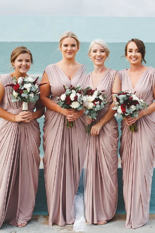 flowy dressDusty Rose V-Neck Ruffles Floor Length Bridesmaid Dresses