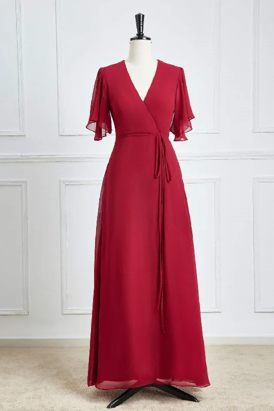 party-ready dressWine Red Surplice Flaunt Sleeves A-line Long Bridesmaid Dress