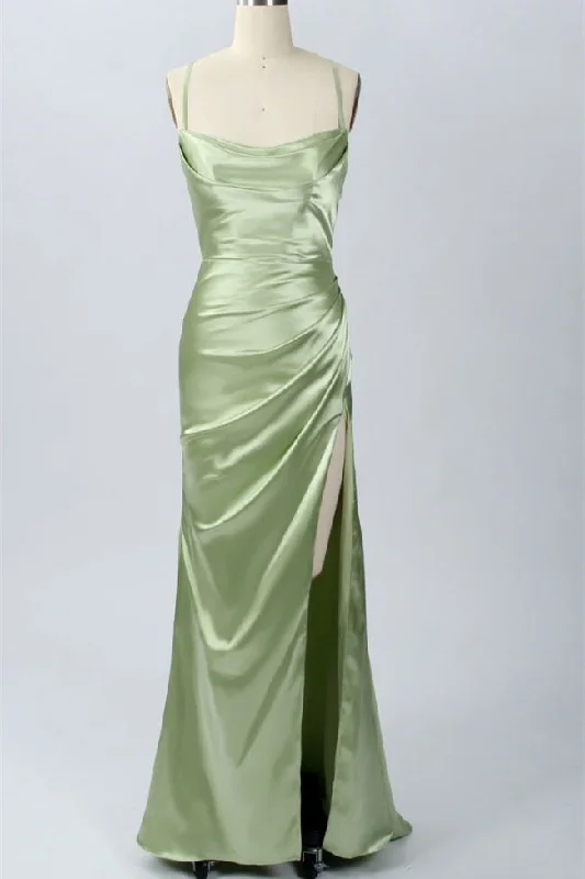 casual evening dressElegant Sage Green Mermaid Cowl Neck Long Bridesmaid Dress