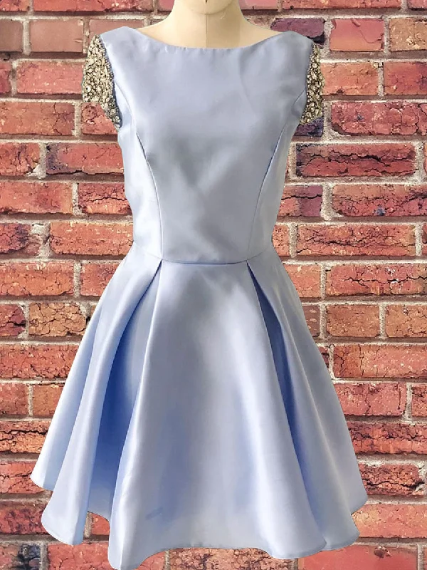 Low Prices Light Blue Satin Cap Sleeve Beaded A-Line Cute Homecoming Dress AN634