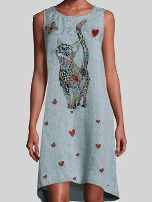 v-neck dressWomen Colorful Cat Print Sleeveless Vintage Dresses