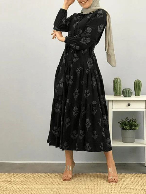 chic dressWomen Floral Print Lapel Puff Sleeve Kaftan Maxi Dress with Belted