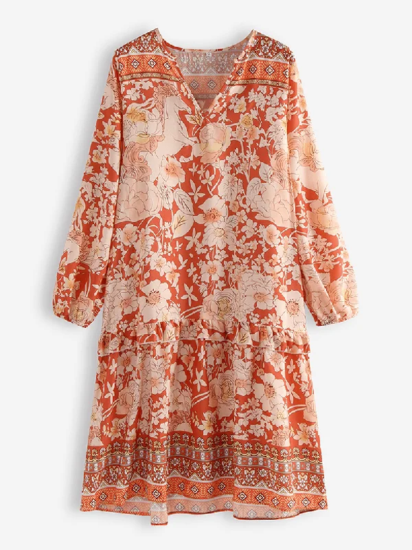 elegant shift dressBohemian Floral Print Patch V-Neck Loose Casual Dress