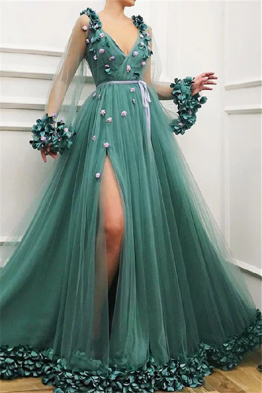 Reduced Prices Gorgeous Green Long-Sleeves Tulle Side-Slit A-Line Prom Party Gowns
