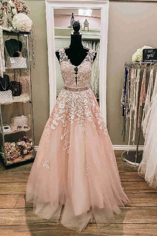 Price Blitz trendy dressV-Neck Sleeveless Pink Prom Dress with Embroidery
