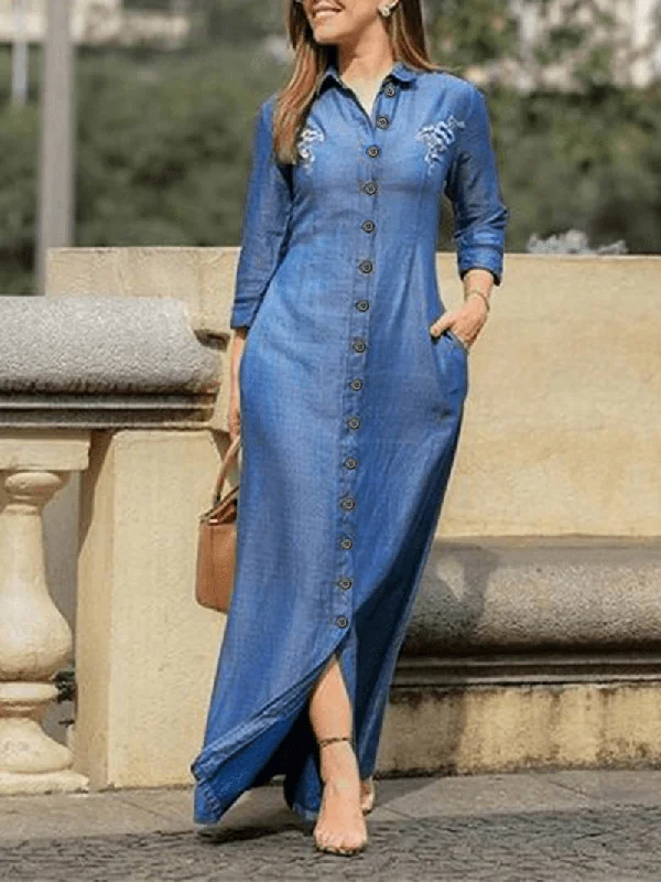 boho dressFloral Embroidery Lapel Collar Long Sleeve Button Daily Casual Maxi Shirt Dress for Women