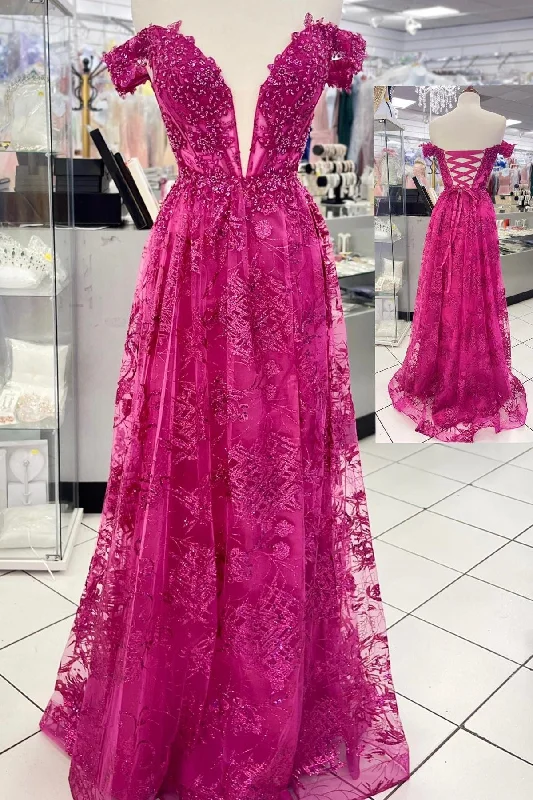 Low Prices off-shoulder dressFuchsia Off-the-Shoukder Floral A-line Long Prom Dress