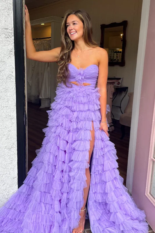 cocktail dressLavender Strapless Layers A-line Ruffled Long Prom Dress with Slit