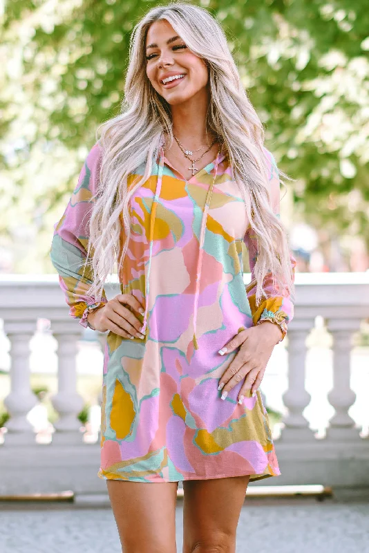 Huge Savings Multicolor Abstract Print Frill Split Neck Babydoll Mini Dress