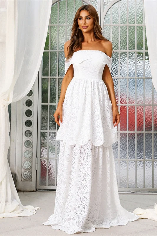 denim dressOff the Shoulder White Lace Layers Long Wedding Dress