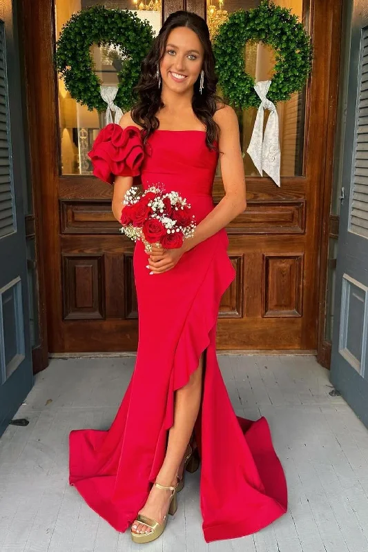 one-shoulder dressRuffles One Shoulder Red Mermaid Long Formal Dress