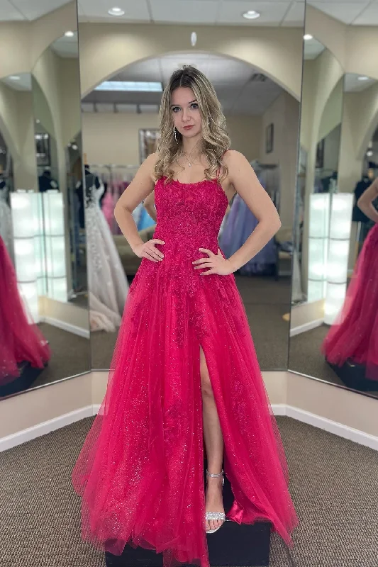 New Deals A-line dressFuchsia A-line Tulle Scoop Neckline Applique Slit Long Prom Dress New Deals A-line dressFuchsia A-line Tulle Scoop Neckline Applique Slit Long Prom Dress