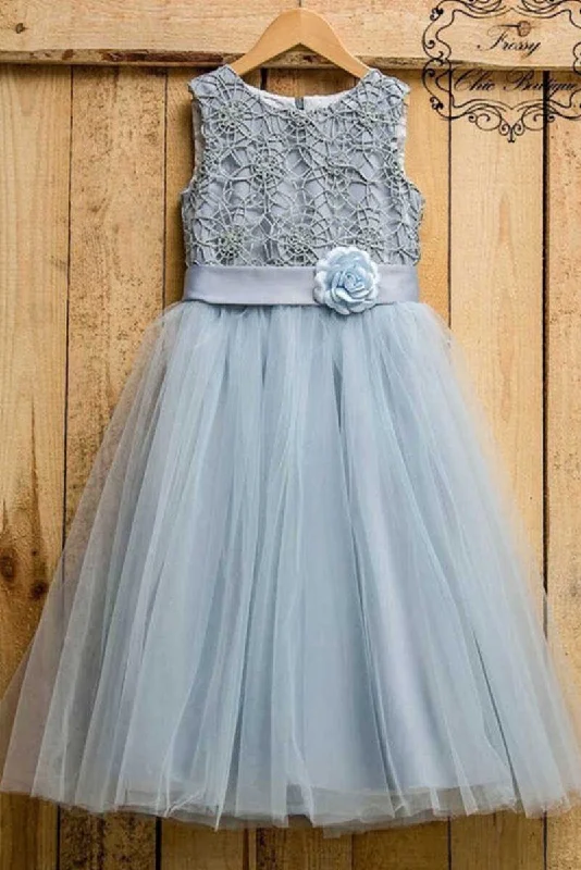 casual dressDusty Blue Tulle Flower A-Line Girl Party Dress