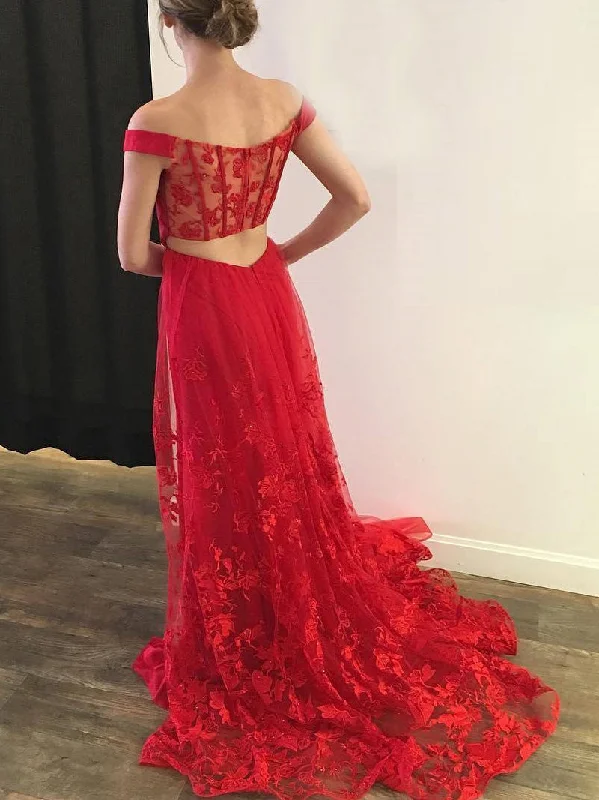 Savings Bonanza Red Prom Dresses Off-the-shoulder Sheath Lace Long Slit Prom Dress JKL786 Savings Bonanza Red Prom Dresses Off-the-shoulder Sheath Lace Long Slit Prom Dress JKL786