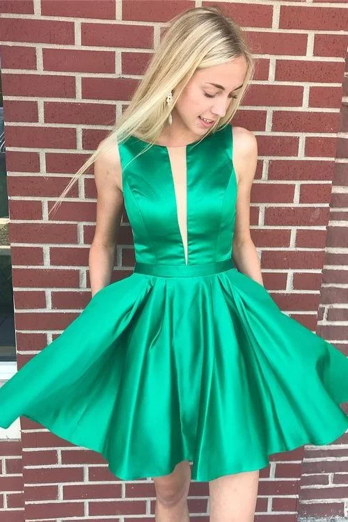 Closeout Sale Illusion Insert Short Green Homecoming Dress Simple Cocktail Dress ANN5504