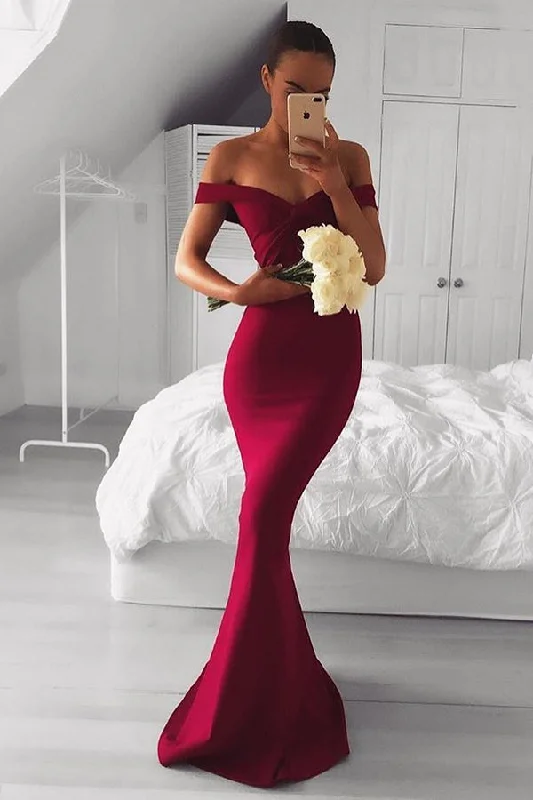 floral dressElegant Off Shoulder Mermaid Wine Red Long Bridesmaid Dress