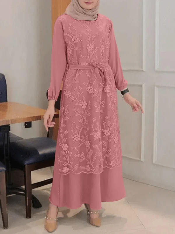 midi dressWomen Flowers Embroidery Stitching Lace up Casual Elastic Cuffs Maxi Dresses