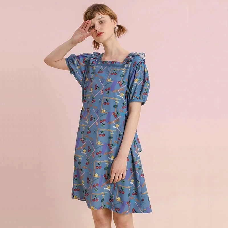 elegant maxi dressSummer Chiffon Knee-Length Dress with Puff Sleeves and Fruit Print