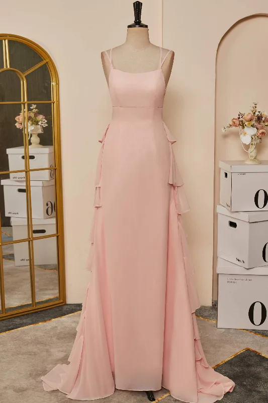 Holiday Sale elegant maxi dressPink Lace-Up Mermaid Layers Long Prom Dress