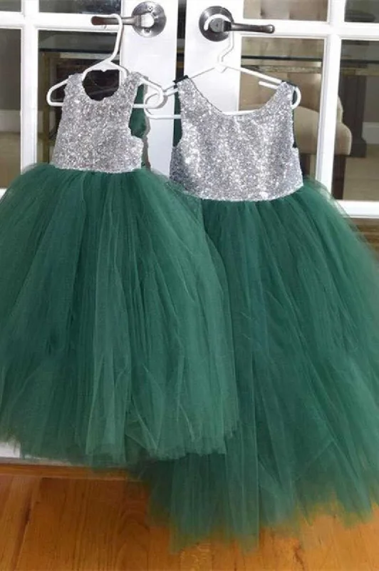 pleated maxi dressSilver & Green Sequins Sleeveless Flower Girl Dress