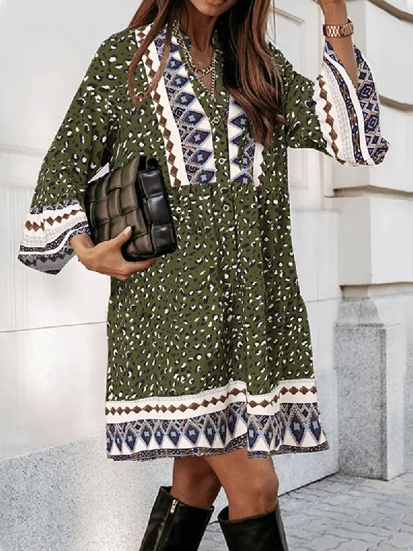 t-shirt dressV-Neck Full Sleeve Floral Printed Bohemian Loose Dress for Women