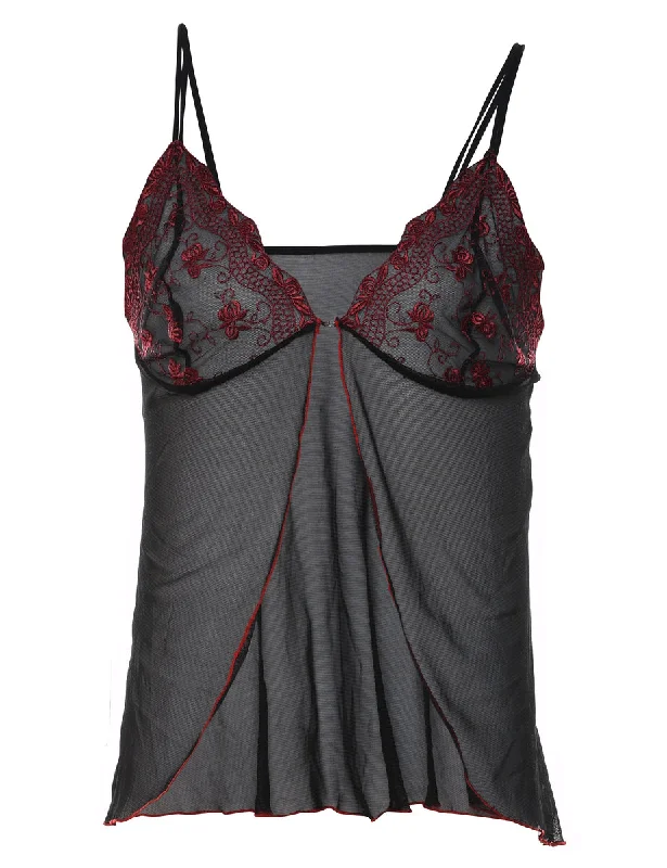 Seasonal Clearance Black & Red Sheer Lace Embroidered Babydoll - S