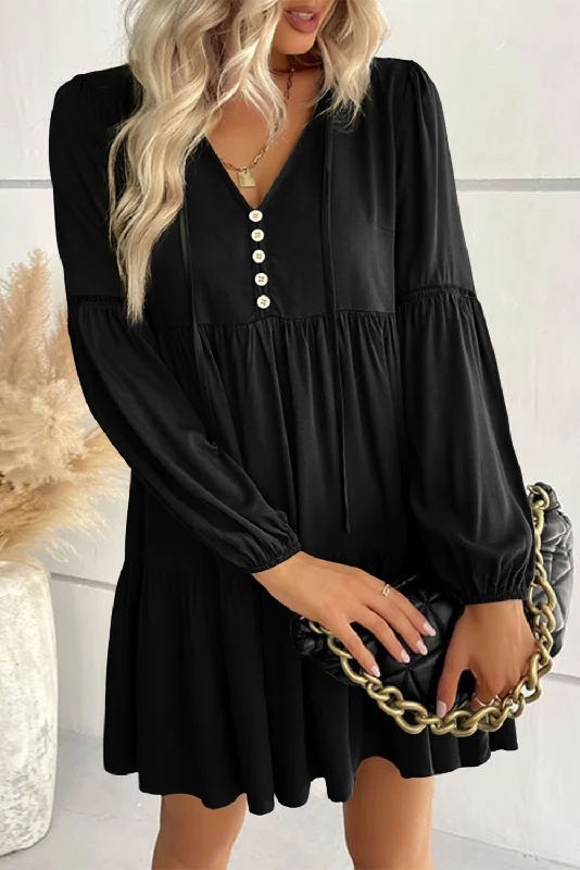 New Markdowns Black Lace Puff Sleeve Buttoned Tiered Ruffled Mini Dress