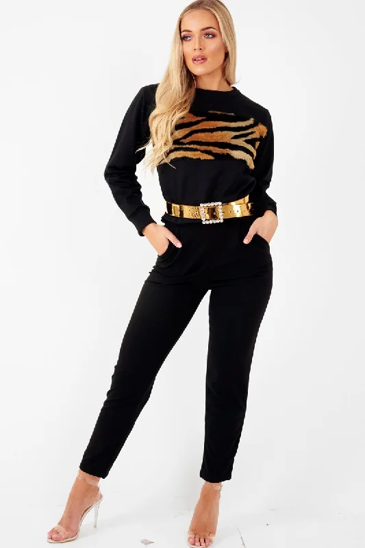 cozy pullover sweaterBlack Faux Fur Tiger Print Front Cropped Jumper  - Suzie