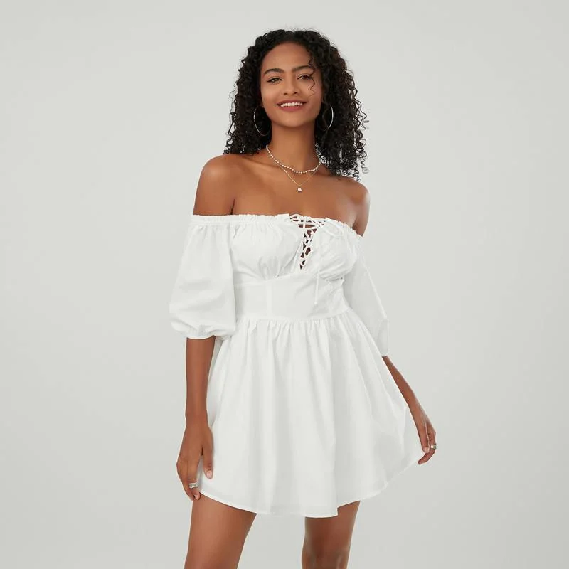 satin midi dressSummer Chic Off-Shoulder Mini A-Line Dress with Puff Sleeves