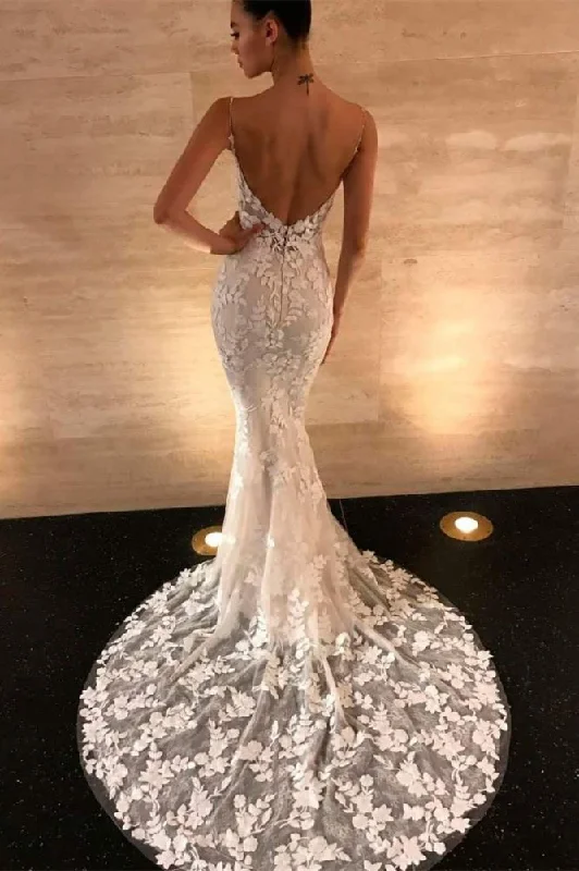 Daily Deals Chic Spaghetti Straps V-neck Lace Prom Dresses|Long Sleevesless Floor Length Evening Gown