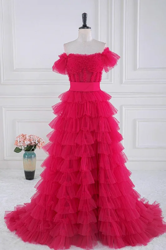 A-line dressFuchsia Off-Shoulder Layers Ruffled A-line Long Prom Dress