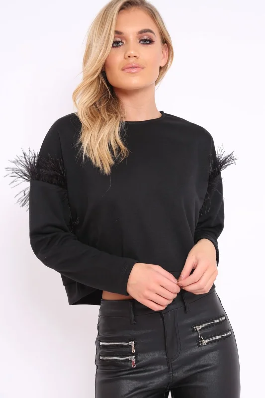 comfy crewneck sweatshirtBlack Feather Sweatshirt - Keny