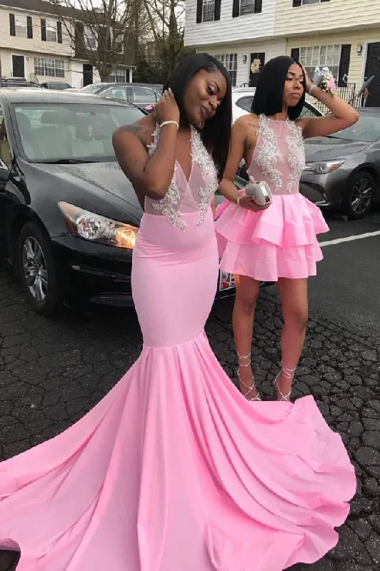 Inventory Reduction Pink V-neck Halter Sleeveless Appliques Long Mermaid Prom Dresses Inventory Reduction Pink V-neck Halter Sleeveless Appliques Long Mermaid Prom Dresses