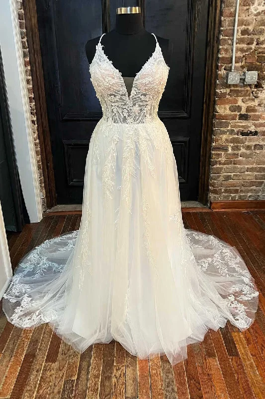 summer dressWhite Lace V-Neck Backless A-Line Long Wedding Dress