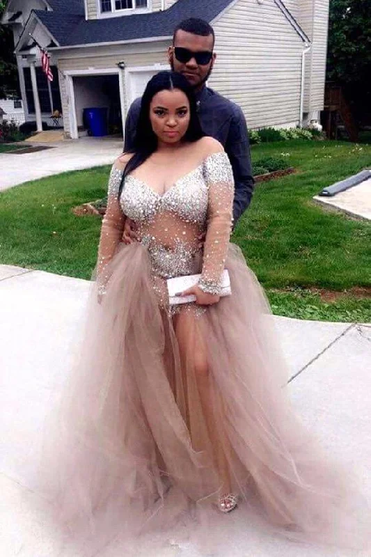 Overstock Plus-Size Gorgeous Long-Sleeve Tulle Split Crystal Prom Party Gowns