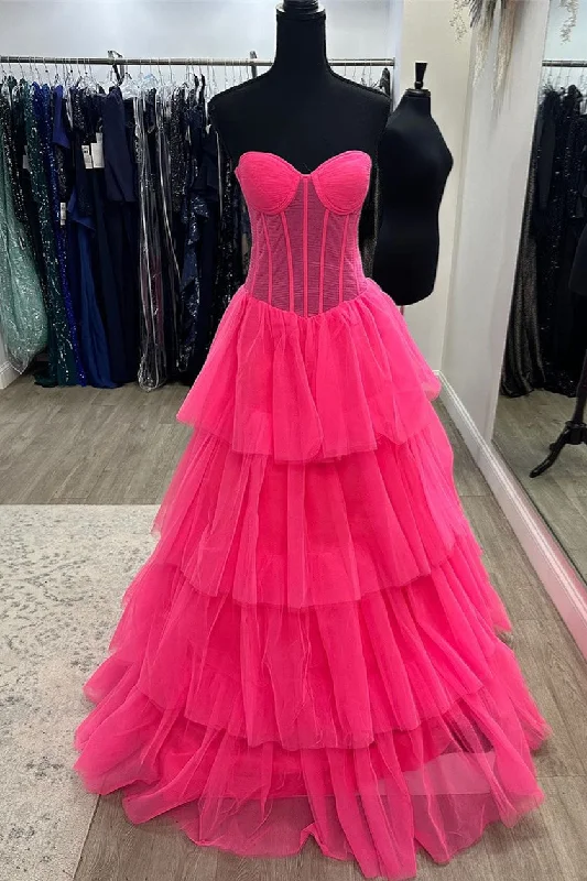 Hot Deal cocktail dressHot Pink Strapless Layers Tulle A-line Long Prom Dress