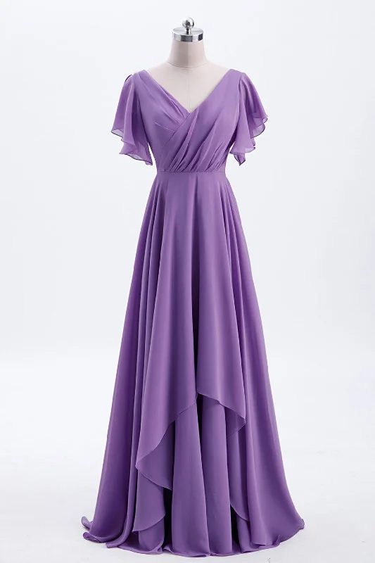 comfy dressFlutter Sleeves Lavender Chiffon A-line Long Bridesmaid Dress