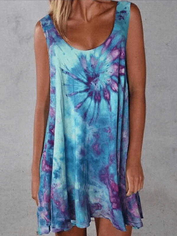 casual knit dressWomen Tie-Dye Print Crew Neck Summer Sleeveless Loose Dress