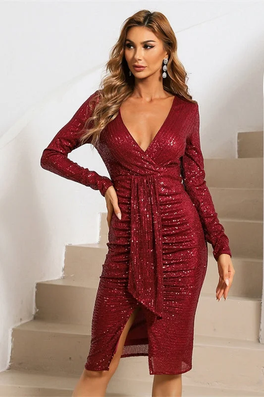 casual midi dressLong Sleeves Wine Red Sequins Bodycon Dress