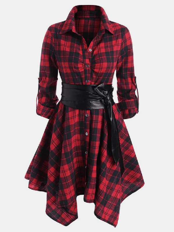 wrap-around dressWomen Classic Plaid Asymmetrical Shirt Dress with Belt