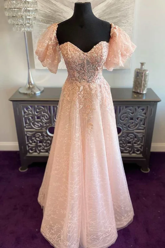 Can't Be Beat v-neck dressPink Tulle Sweetheart A-Line Prom Dress with Puff Sleeves