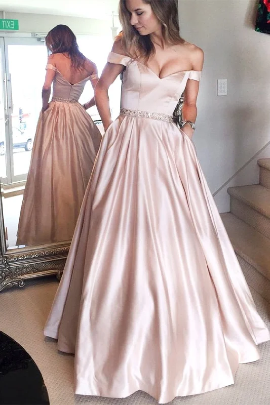 stylish dressSimple A-line Off the shoulder Pink Long Prom Dress with Pockets