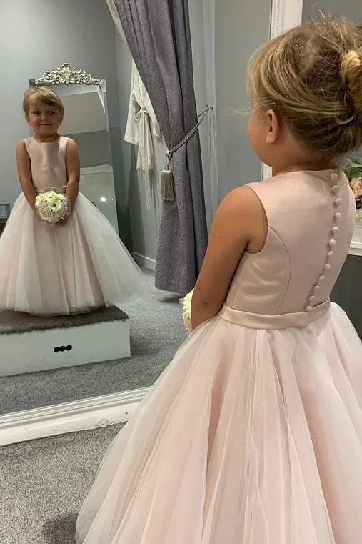 sleeveless dressBlush Pink Jewel Sleeveless Beaded Buttons Long Flower Girl Dress