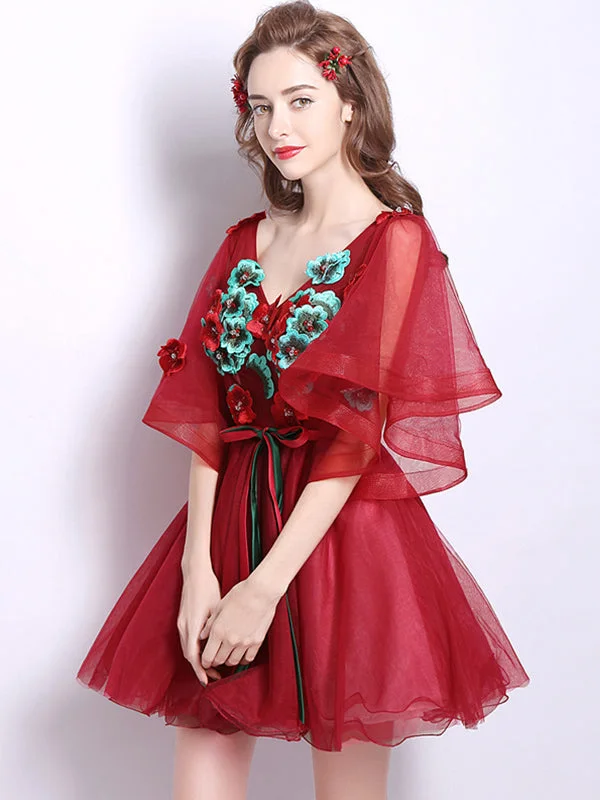 Flash Sale Sexy V Neck Appliques Red Homecoming Dress with Sleeves Tulle Short Prom Party Dress ATB1814 Flash Sale Sexy V Neck Appliques Red Homecoming Dress with Sleeves Tulle Short Prom Party Dress ATB1814