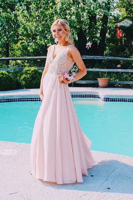 stylish party dressV-Back Beaded Pink Long Prom Dress with Mesh