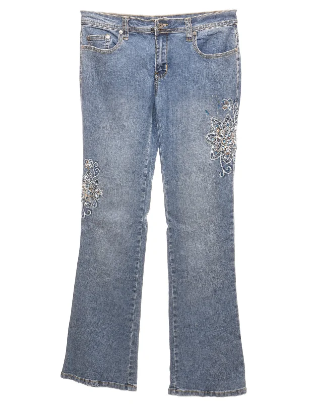 chic coatSequined Floral Light Wash Flared Y2K Jeans - W31 L33