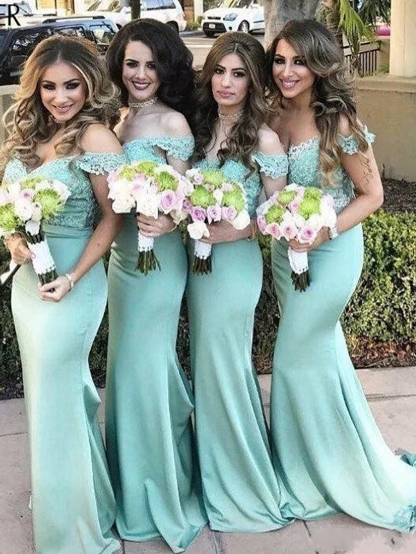 stylish party dressOff the Shoulder Mermaid Mint Green Long Bridesmaid Dress