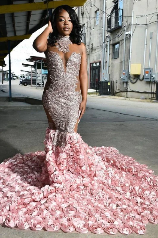 Buy More, Save More Halter 3D Floral Print Mermaid Sweep Train Evening Gowns
