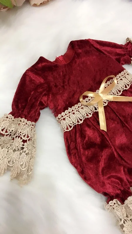 lace dressVelvet Romper and Bonnet